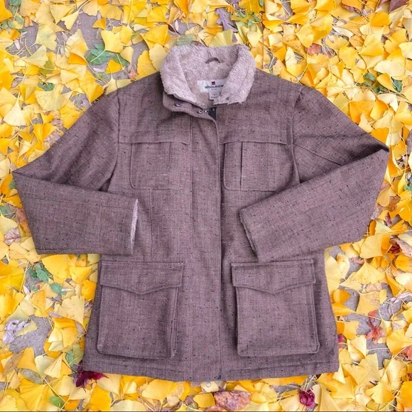 Woolrich Tweed Brown/Tan Utility Coat Barn Jacket Faux Fur lined 6 pockets sz M - Picture 14 of 15